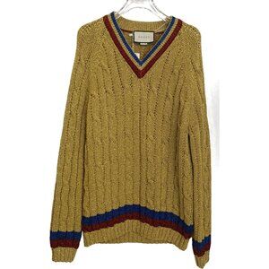 18511 Gucci Brown Striped Gold Silk V-Neck Long Sleeve Knitted Sweater Size M
